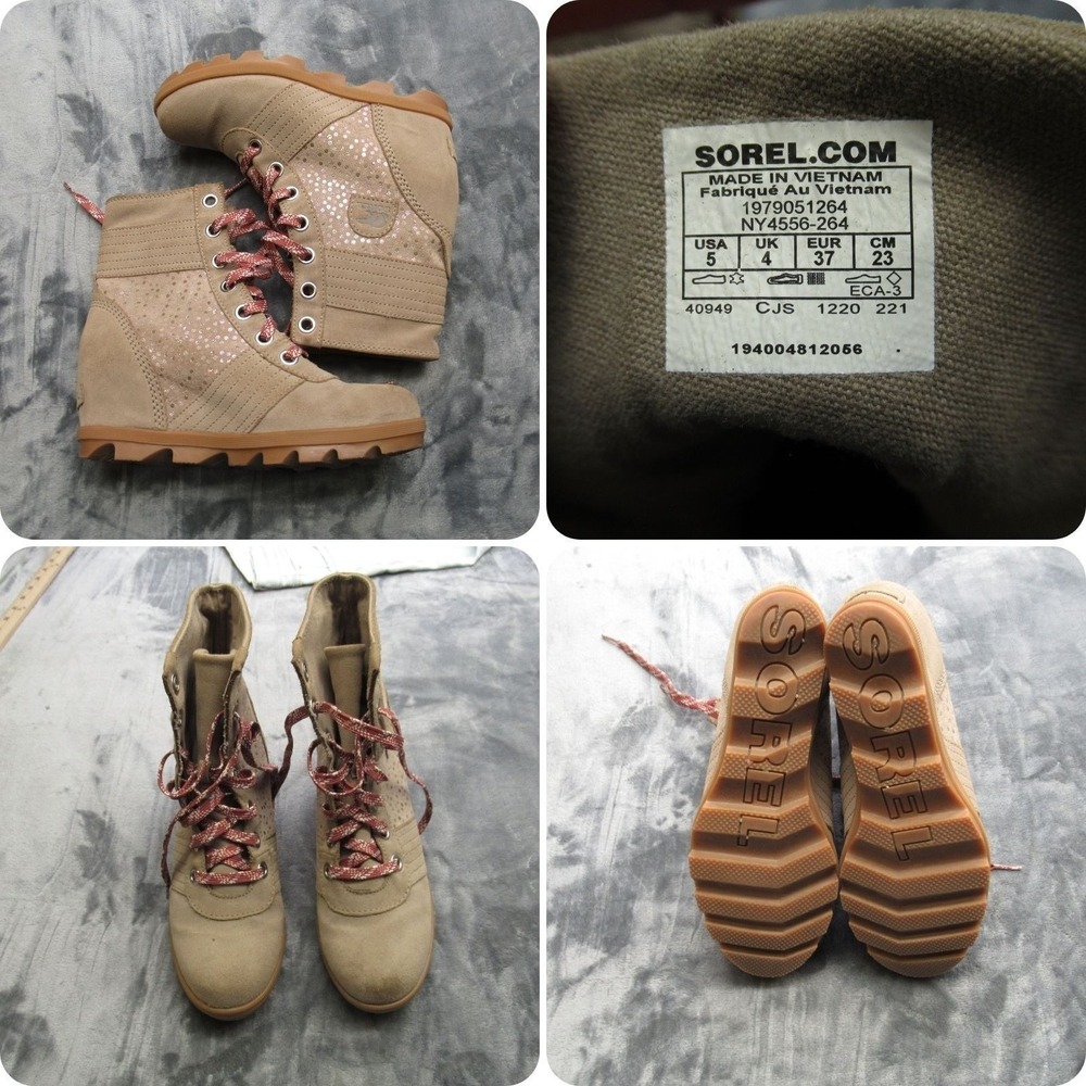 Sorel Boots Women 5 Tan Lexie Wedge Heel Ankle Suede Leather Lace Up Waterproof